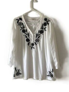 J. Jill White Long Sleeve Shirt with Black Floral Embroidery